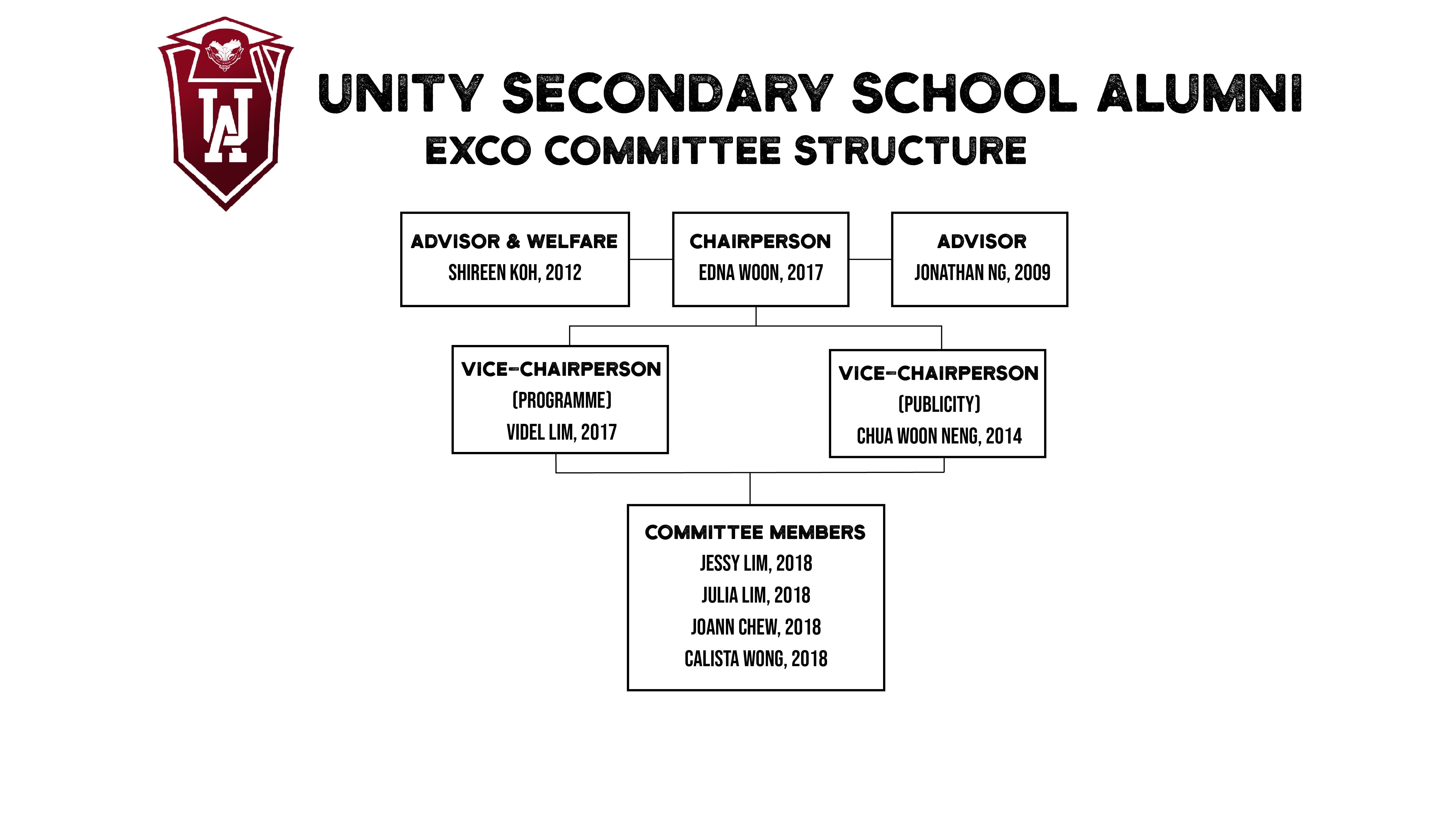 Unity Secondary School Alumni Exco Committee Structure org chart showing roles from Chairperson down to members.